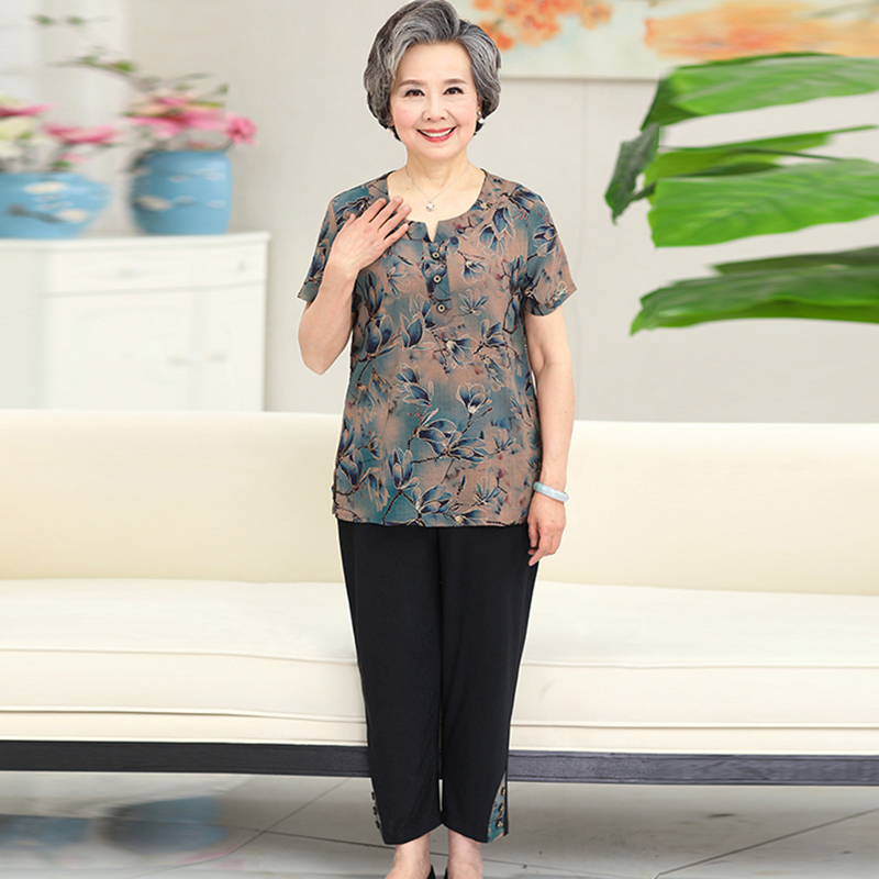 828新款中老年女装棉麻短袖妈妈夏装老人衣服女607080岁奶奶夏装两件