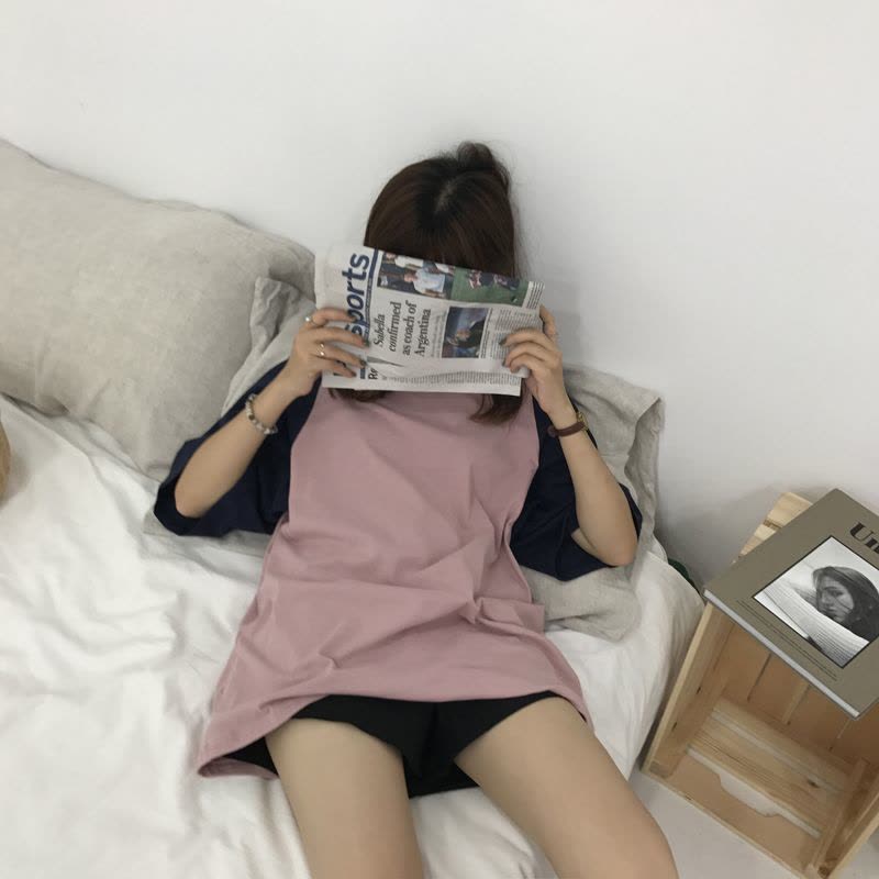 828新款花木偶2017夏款港风少女系简洁拼色T短袖长T恤裙女图片