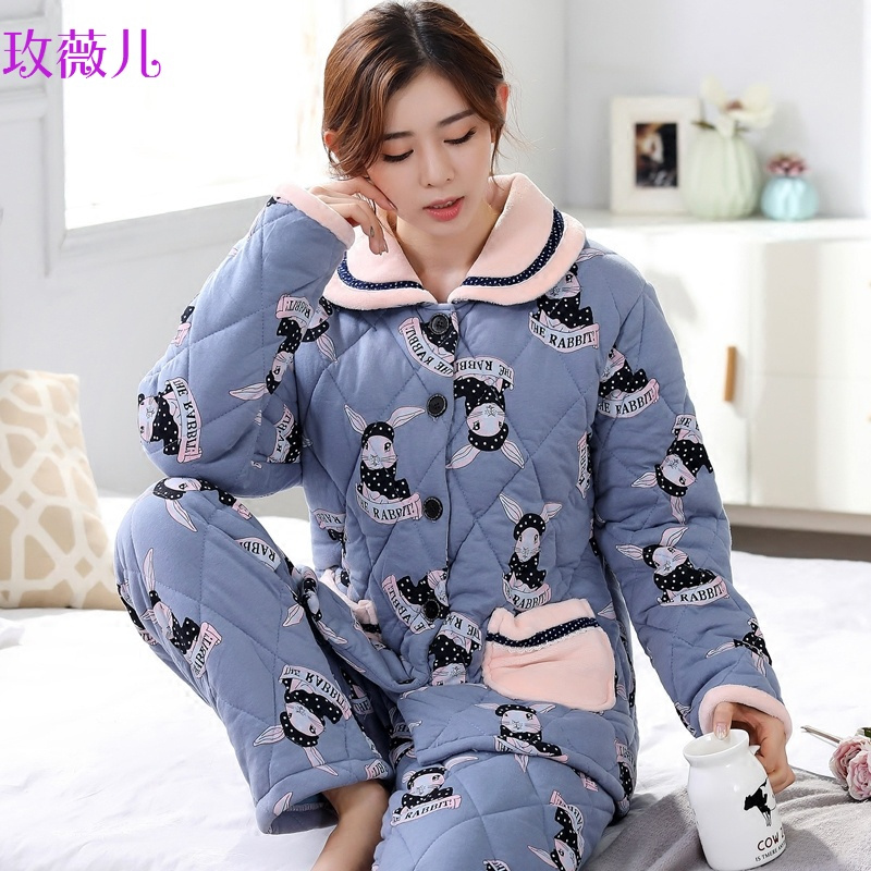 玫薇儿秋冬季中年睡衣女冬保暖加厚款夹棉妈妈纯棉中老年加肥加大码