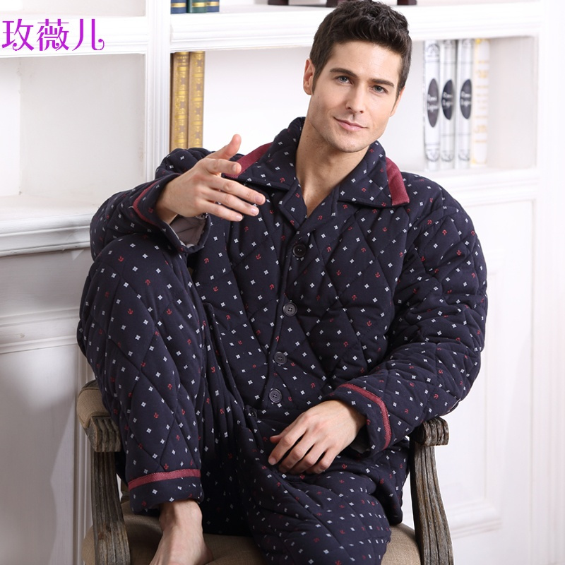 玫薇儿纯棉男士睡衣秋冬季加厚夹棉长袖全棉质家居服套装保暖居家服