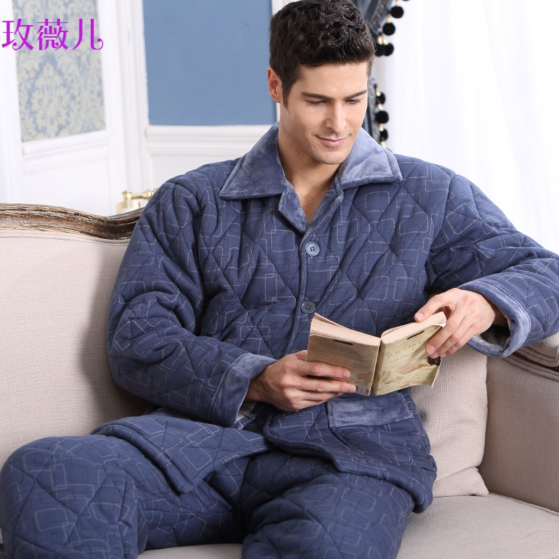 玫薇儿纯棉男士睡衣秋冬季加厚夹棉长袖全棉质家居服套装保暖居家服