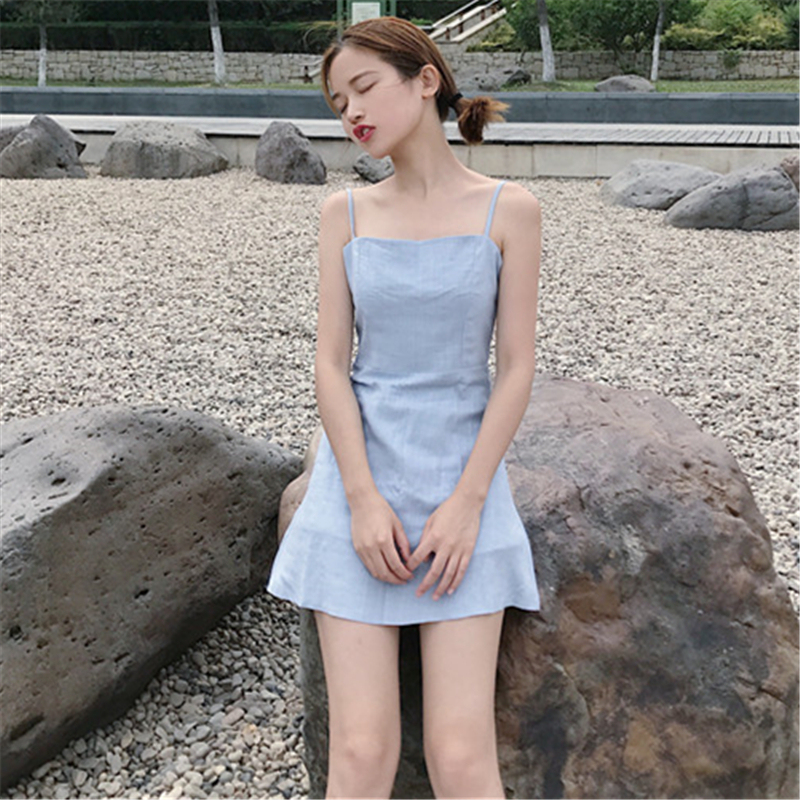 bw9新款复古港味chic韩风裙子女夏连衣裙学生中长清新小心机露肩吊带