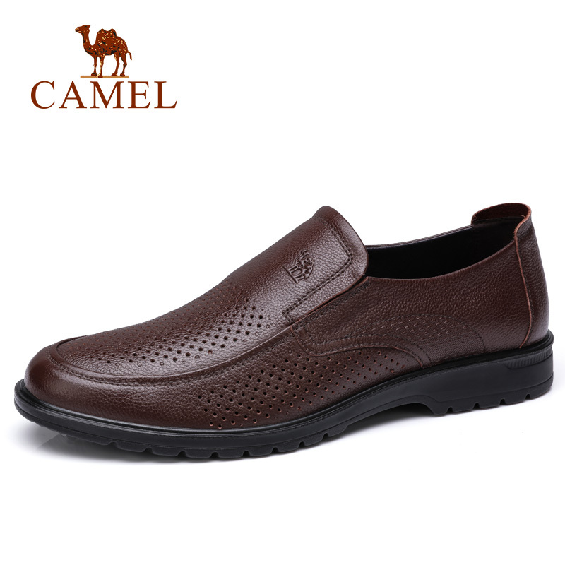 camel骆驼男鞋新品透气牛皮冲孔套脚鞋柔软休闲商务休闲皮鞋