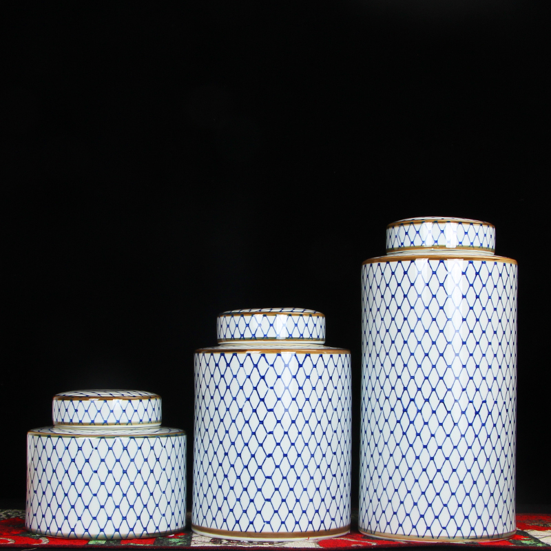 储物罐新中式陶瓷器网格三件套摆件简约现代客厅玄关样板房博古架 小号