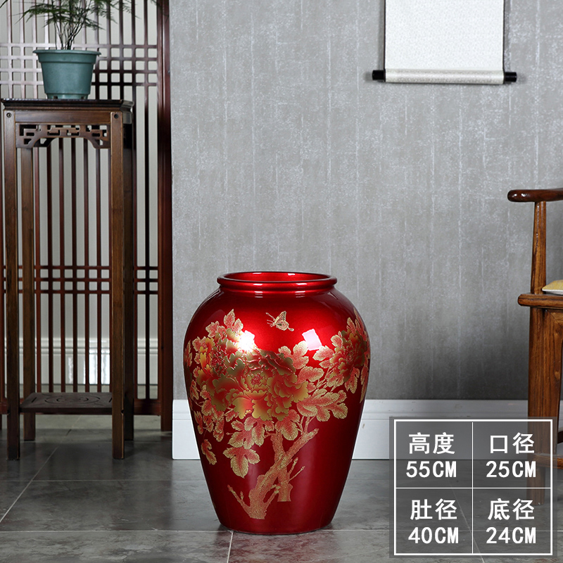 景德镇陶瓷落地大号花瓶水晶釉牡丹新中式家居客厅酒店装饰品摆件 红色金沙