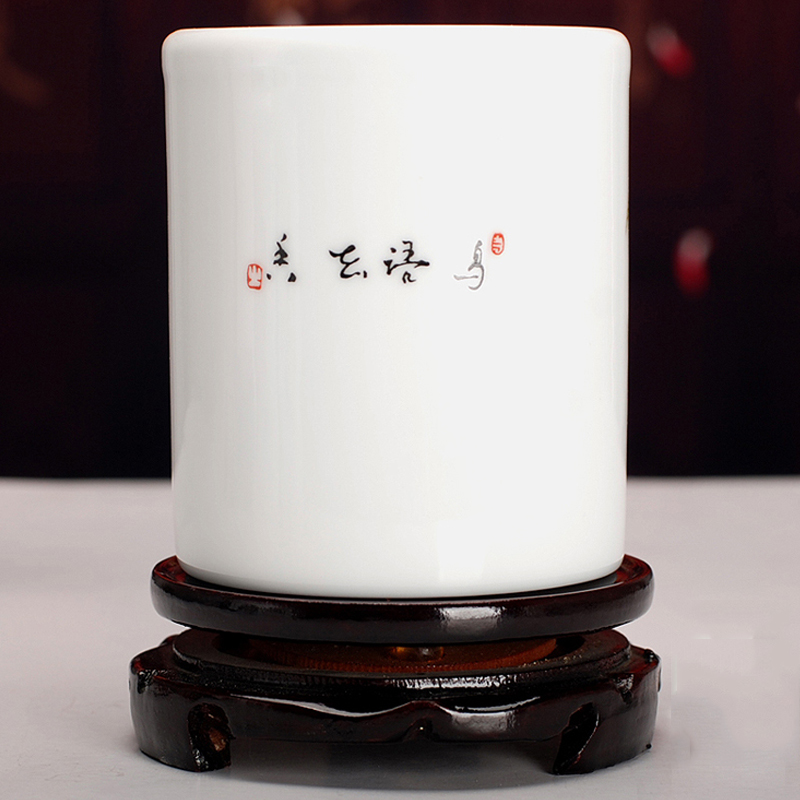 景德镇陶瓷器仿古笔筒创意时尚办公室书房装饰摆件教师节礼品 水点桃花 大号