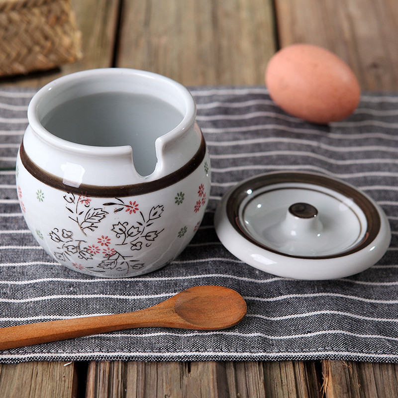 风源创意日式陶瓷糖罐盐罐套装手绘釉下彩调味罐仿古青釉和风送小白勺红梅