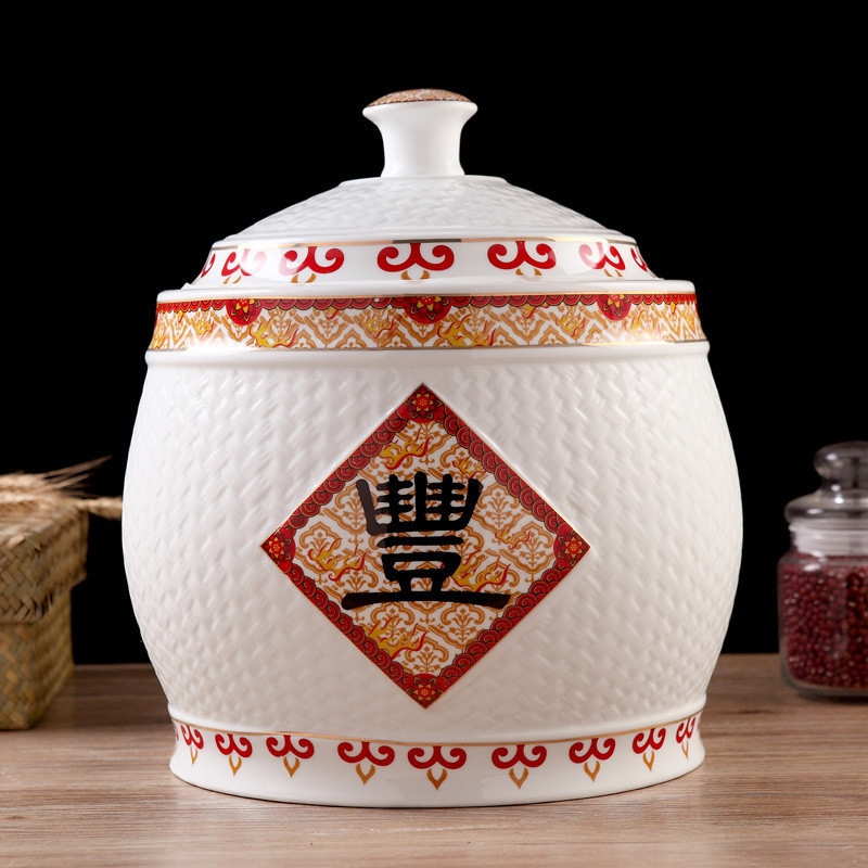 风源陶瓷米缸米桶装米桶米罐带盖储米箱防虫油缸家用装饰摆件(招财进宝8斤 )