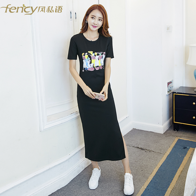 开叉休闲长裙2019夏装新款欧美女装修身显瘦短袖连衣裙长款t恤裙视频