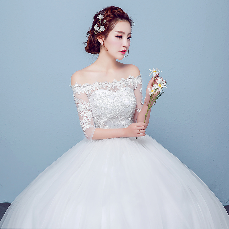 2019新款新娘结婚婚纱中袖韩版绑带齐地婚纱修身显瘦唯美花边齐地mar