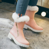 冬季粉白色雪地靴女短靴兔毛中跟粗跟中筒靴甜美厚底保暖棉鞋子