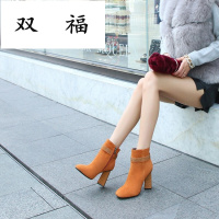 2017秋冬新款欧美时尚潮流气质粗跟高跟磨砂真皮方头短靴马丁靴女