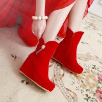 红色坡跟新娘鞋中式结婚旗袍鞋敬酒服厚底婚靴圆头孕妇鞋红色短靴
