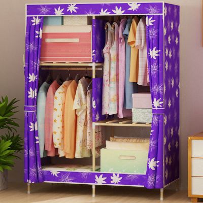 家时光 简易布衣柜实木易组装衣橱布衣柜布艺牛津布实木双人加固柜 紫色枫叶