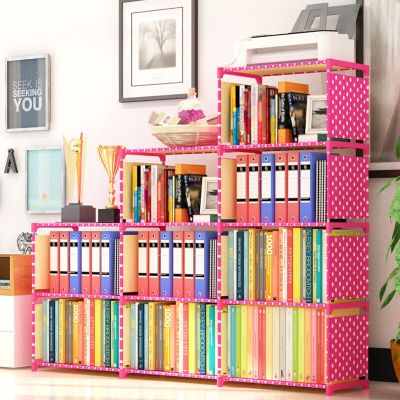 家时光 简易书架落地置物架学生儿童组合小书柜桌上收纳多功能组装创意 粉色点点