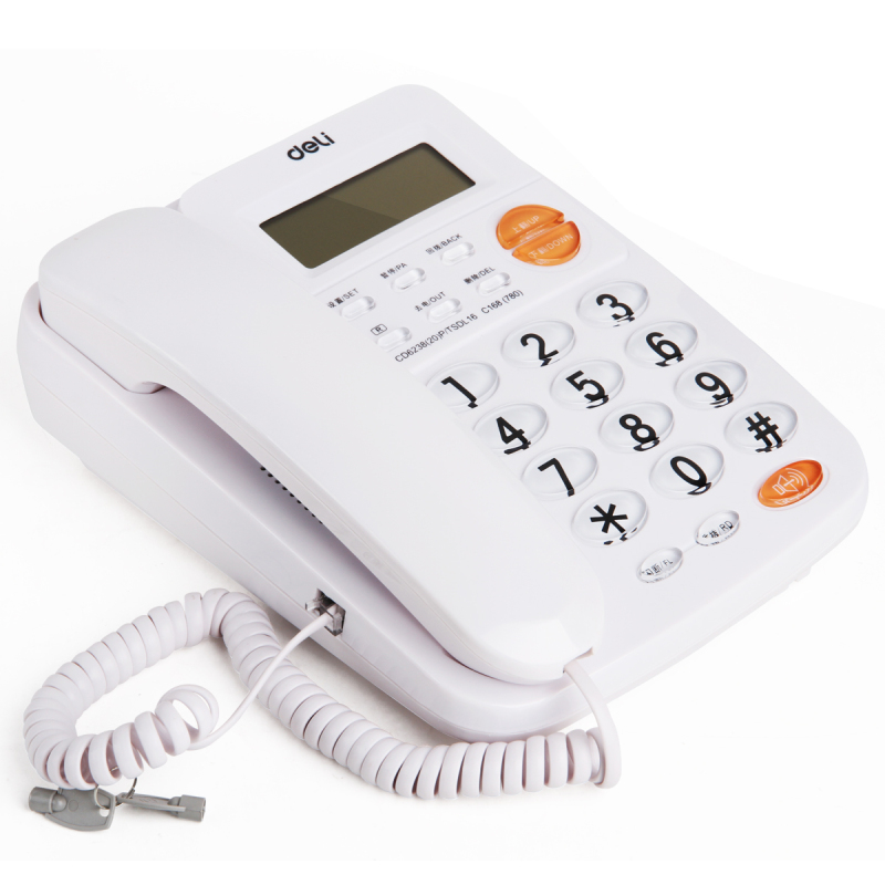 得力(deli)780 透明耐磨按键电话机 免提来电显示办公电话 家用固定电话 三组闹钟座机 有绳话机 白色