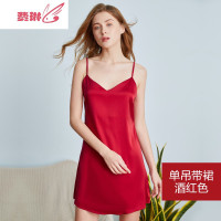 冰丝吊带睡裙女夏小性感很仙的薄款睡袍两件套红色夏季睡衣裙 费琳