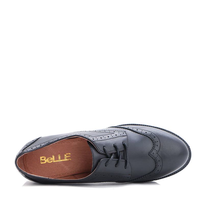 Belle/百丽圆头低跟(1-3厘米)方跟黑色英伦羊皮女单鞋3502DCM7图片