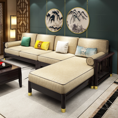 老故居 沙发 铜木家具 现代中式实木沙发 转角L型组合 木质布艺沙发 大小户型客厅家具