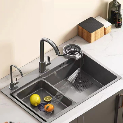 花知晓纳米厨房SUS水槽大单槽枪灰色手工洗菜盆家用洗碗池