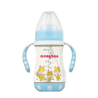 盟宝婴儿宽口径PPSU奶瓶带把手 儿童防摔耐高温PPSU水壶240ml兰色