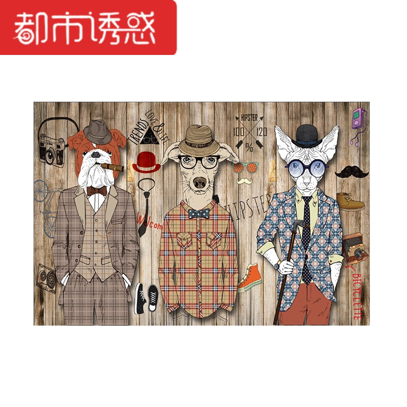 3D北欧复古手绘动物墙纸酒吧服装店壁纸理发店咖啡厅特色装饰壁画5D凹凸蚕丝丝绢布墙纸+胶水都市诱惑