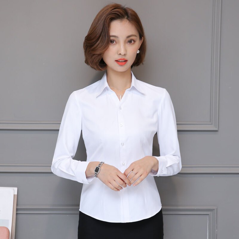秋冬季白衬衫长袖职业v领修身工作服斜纹正装大码ol工装棉女衬衣白色