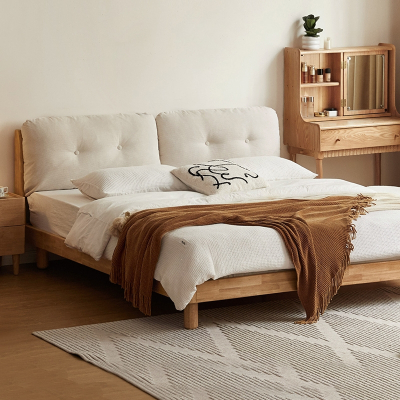 古达床现代简约卧室灯芯绒软靠床简易家用经济型原木双人床