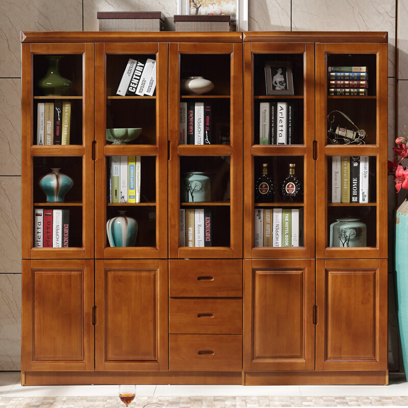 现代中式实木书柜书架组合简约落地玻璃书橱储物柜书房木质家具二三四