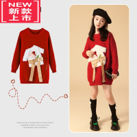 可莉允女童红色连衣裙秋冬款洋气儿童中大童女孩针织衫圣诞新年毛衣裙子