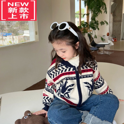 可莉允女童针织开衫2022冬季新款儿童洋气毛衣宝宝时髦复古外套