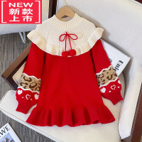可莉允女童毛衣裙秋冬儿童时髦洋气红色圣诞公主裙女孩中大童针织连衣裙