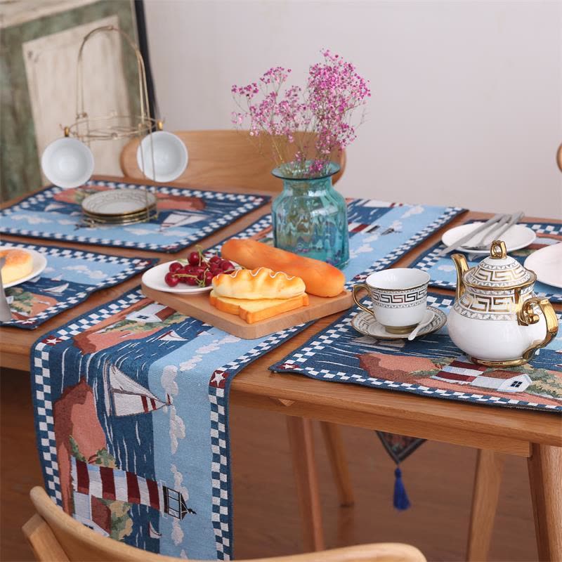 地中海棉麻桌布桌旗桌巾桌垫美式乡村茶几桌旗餐桌桌布 灯塔图片