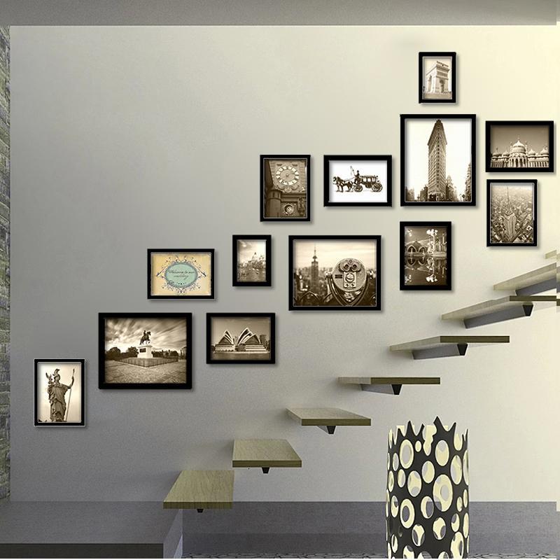 实木楼梯照片墙 相框墙 挂墙创意组合 楼道墙面悬挂相片墙