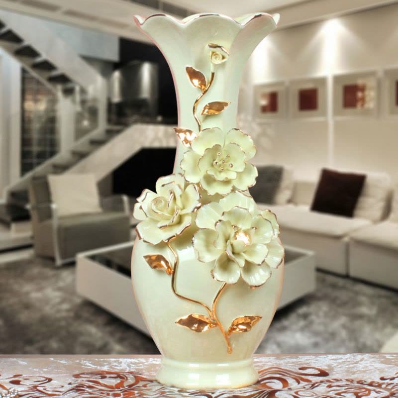 欧式家居摆件花插会所花器陶瓷描金跳舞兰客厅玉瓷花瓶结婚礼物图片