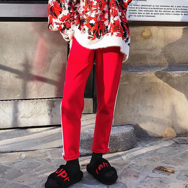 新款式大小姐77 红色加绒运动裤女长裤宽松冬季2021新款bf风加厚休闲裤-定制款图片