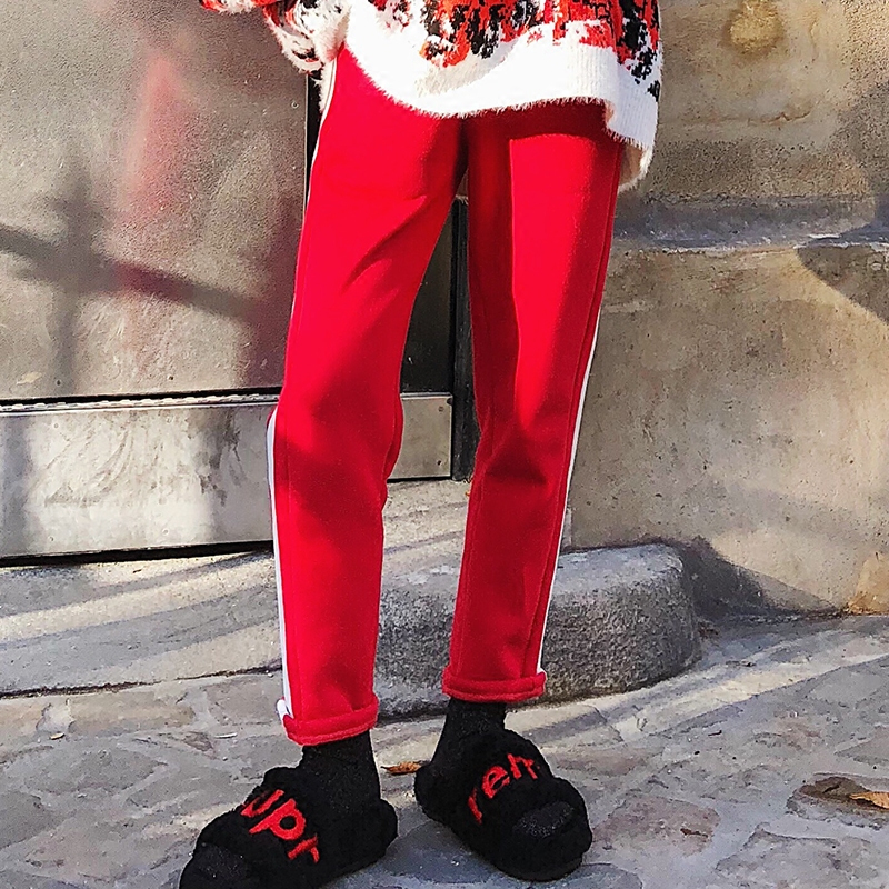 新款式大小姐77 红色加绒运动裤女长裤宽松冬季2021新款bf风加厚休闲裤-定制款