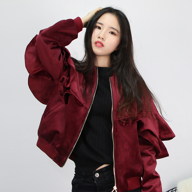 新款式2021春新款金丝绒外套女港风飞行服短款加厚宽松夹棉荷叶边棒球