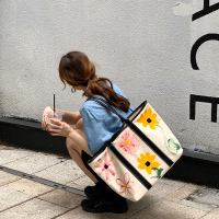 派尼美特韩国新款女包拼接帆布涂鸦花朵单肩托特大包时尚通勤大容量子母包