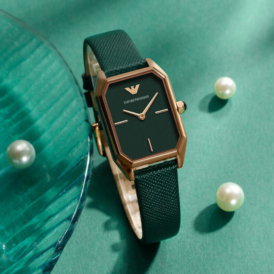 阿玛尼(Emporio Armani)手表 皮带方型表盘小绿表 七夕情人节礼物 时尚摩登皮带石英表女表AR11149