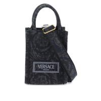 范思哲(Versace)女士百搭时尚高端竖款方形黑色提花棉混纺帆布手提包复古徽标刺绣斜挎包1011565 1A09741