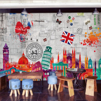 环保欧美英伦涂鸦大型壁画建筑墙纸个性餐厅咖啡馆休闲吧立体壁纸壹德壹