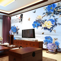 无缝3D中式大型壁画壁纸客厅卧室沙背景电视背景墙青花牡丹墙纸壹德壹