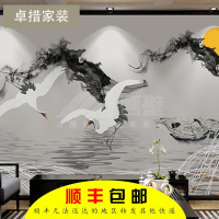 新中式墙纸古风手绘山水抽象日出飞鹤电视背景墙古典壁纸客厅壁画壹德壹