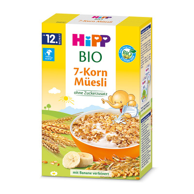 [有效期25.5月]原装进口德国喜宝HiPP儿童宝宝婴幼儿有机7种谷物什锦麦片辅食12个月+米粉200g