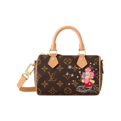 Louis Vuitton Nano Speedy单肩包 粉色做旧牛皮饰边 超细纤维衬里 金色五金配件 M82624-#