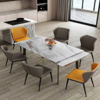 伸缩岩板餐桌现代简约长方形吃饭子家用餐厅小户型古达轻奢餐桌椅组合
