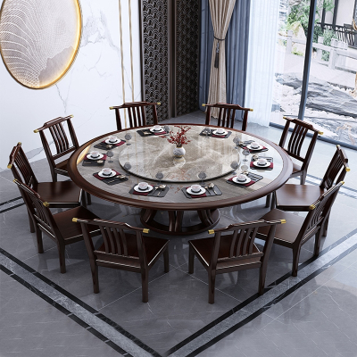 古达新中式亮光岩板餐桌全木质轻奢家用1.8米大圆桌带转盘圆形吃饭桌