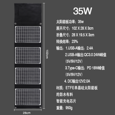 太阳能板便携式家用6折叠包手机电池宝古达野外应急快充电器电源板_黑色35W快充