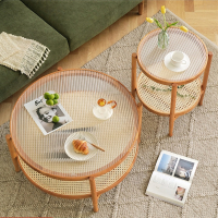 藤编茶几法耐北欧简约小户型客厅圆形玻璃组合日式阳台实木小圆桌